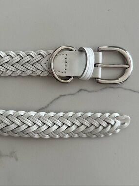 Anthropologie Vintage Braided Leather Belt with Rounded Silver Buckle White M/L